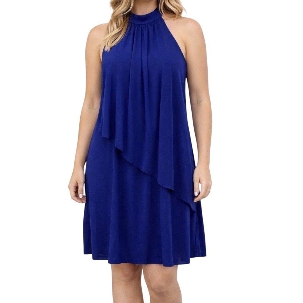 Vince Camuto Women's Halter Sheath Dress Size Small Blue Layered Knee Length
